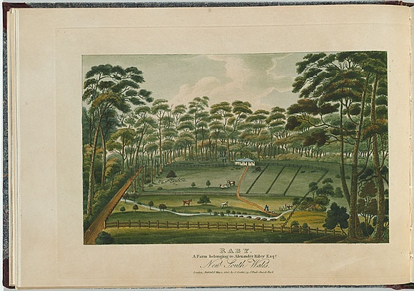 Artist: LYCETT, Joseph | Title: Raby, a farm belonging to Alexander Riley Esq., New South Wales. | Date: 1825 | Technique: etching and aquatint, printed in black ink, from one copper plate; hand-coloured