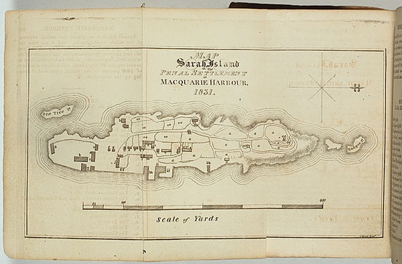 Title: b'Map of Sarah Island the penal settlement at Macquarie Harbour 1831.' | Date: 1831 | Technique: b'engraving, printed in black ink, from one plate'