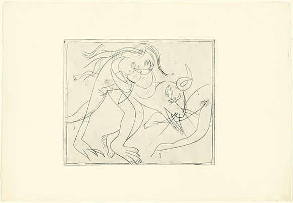 Artist: b'BOYD, Arthur' | Title: b'Nude holding back legs of a ram.' | Date: (1962-63) | Technique: b'drypoint, printed in black ink, from one plate' | Copyright: b'Reproduced with permission of Bundanon Trust'