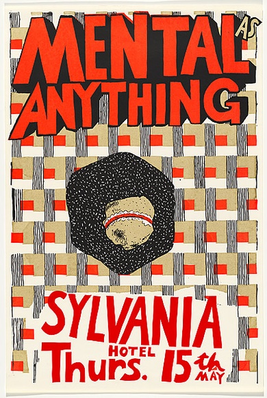 Artist: b'WORSTEAD, Paul' | Title: b'Mental as anything - Sylvania Hotel' | Date: 1980 | Technique: b'screenprint, printed in colour, from three stencils in orange, gold and black inks' | Copyright: b'This work appears on screen courtesy of the artist'