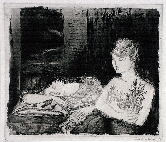 Artist: b'Strachan, David.' | Title: b'The Sick Girl' | Date: 1950 | Technique: b'etching and aquatint'