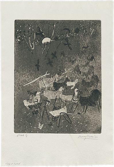 Artist: b'WALKER, Murray' | Title: b'Sheep at Kallista.' | Date: 1966 | Technique: b'etching and aquatint, printed in black ink, from one plate'