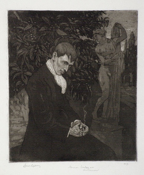 Artist: b'LINDSAY, Lionel' | Title: b'Norman Lindsay at Artarmon' | Date: 1911 | Technique: b'aquatint, etching and burnishing, printed in warm black ink, from one plate' | Copyright: b'Courtesy of the National Library of Australia'