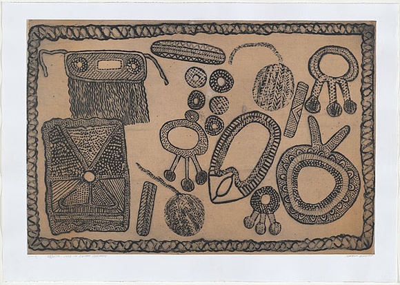 Artist: b'MUNGATOPI, Maryanne' | Title: b'Objects used in Kulama ceremony' | Date: 2000, March | Technique: b'aquatint, printed in black and cream, from two plates'