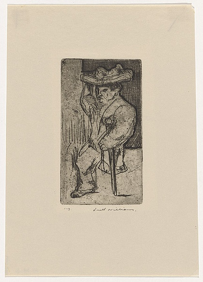 Artist: b'WILLIAMS, Fred' | Title: b'One legged pedlar' | Date: 1954-55 | Technique: b'etching, deep etch, engraving, printed in black ink, from one copper plate' | Copyright: b'\xc2\xa9 Fred Williams Estate'