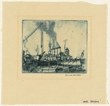Title: b'Refitting HMAS Brisbane Sydney' | Date: 1935 | Technique: b'etching, printed in blue ink, from one plate'