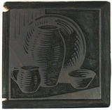 Artist: b'Rees, Ann Gillmore.' | Title: b'not titled [Still life with plate, jug, vase and bowl]' | Date: c.1942 | Technique: b'engraved woodblock'