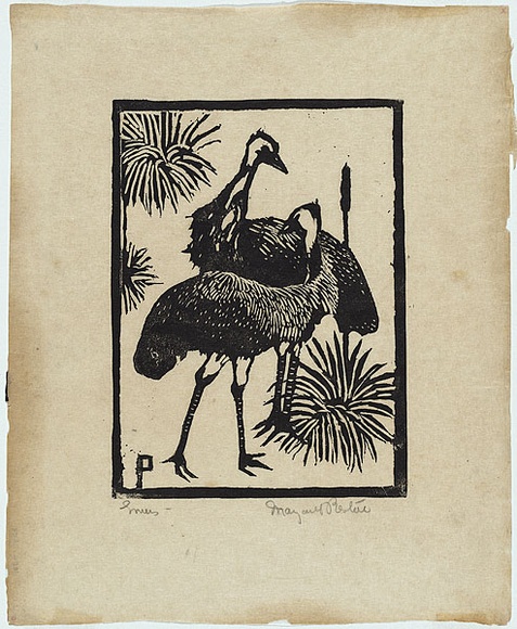 Artist: b'PRESTON, Margaret' | Title: b'Emus' | Date: 1923 | Technique: b'woodcut, printed in black ink, from one block' | Copyright: b'\xc2\xa9 Margaret Preston. Licensed by VISCOPY, Australia'