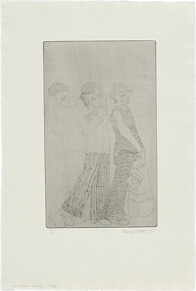 Artist: b'WALKER, Murray' | Title: b'Three women waiting.' | Date: 1973 | Technique: b'etching, printed in black ink, from one plate'