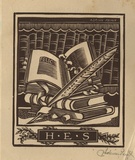 Artist: b'FEINT, Adrian' | Title: b'Bookplate: H E S.' | Date: (1938) | Technique: b'wood-engraving, printed in brown ink, from one block' | Copyright: b'Courtesy the Estate of Adrian Feint'