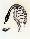 Artist: Puruntatameri, Patrick. | Title: Bird and fish | Date: 1971 | Technique: woodcut, printed in black ink, from one block