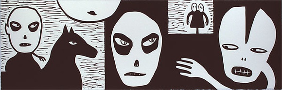 Artist: b'Green, Rona.' | Title: b'non compos mentis [?]' | Date: 2000, May - July | Technique: b'linocut, printed in black ink, from one block'