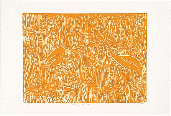 Artist: b'Marika, Banduk.' | Title: b'Jurrumatji gu gaytjurr' | Date: 1987 | Technique: b'linocut, printed in yellow ochre ink, from one block' | Copyright: b'\xc2\xa9 Banduk Marika. Licensed by VISCOPY, Australia'