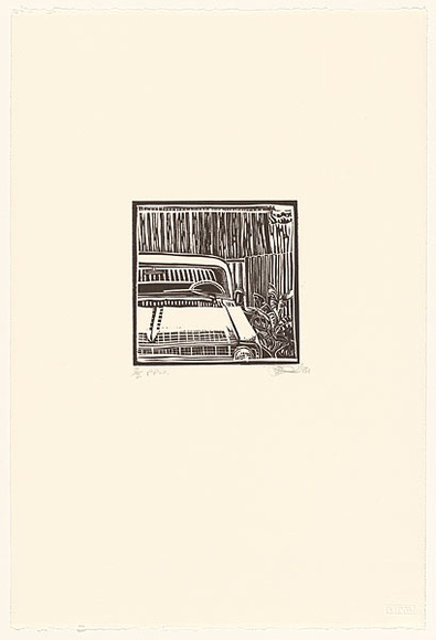 Artist: b'Burchill, Tracey.' | Title: b'not titled [car bonnet]' | Date: 1989, August | Technique: b'linocut, printed in black ink, from one block'