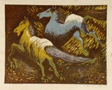 Artist: b'Higgs, Florence.' | Title: b'(Two horses)' | Date: 1955 | Technique: b'linocut, printed in colour, from four blocks'