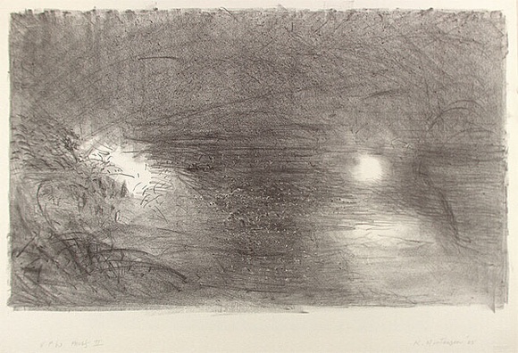 Artist: b'Mortensen, Kevin.' | Title: b'not titled [soft grey nocturnal landscape with two light areas]' | Date: 1985 | Technique: b'lithograph, printed in black ink, from one stone' | Copyright: b'This work appears on screen courtesy of the artist'