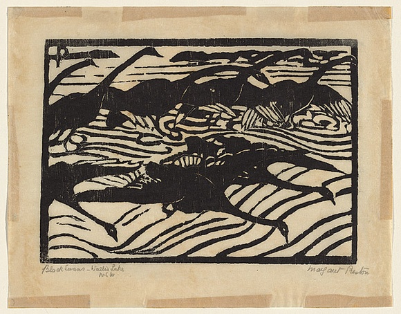 Artist: b'PRESTON, Margaret' | Title: b'Black swans, Wallis Lake, N.S.W.' | Date: 1923 | Technique: b'woodcut, printed in black ink, from one block' | Copyright: b'\xc2\xa9 Margaret Preston. Licensed by VISCOPY, Australia'