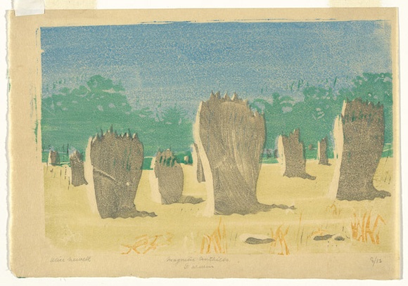 Artist: b'Newell, Alice' | Title: b'Magnetic anthills, Darwin.' | Date: c.1938 | Technique: b'linocut, printed in colour, from multiple blocks'