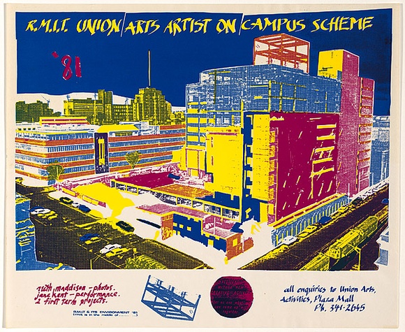 Title: b'RMIT union arts artist on campus scheme' | Date: c.1980-81 | Technique: b'screenprint, printed in colour, from three stencils'