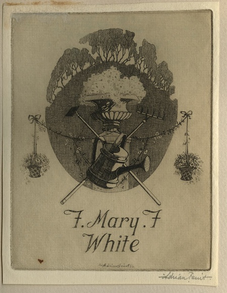 Artist: b'FEINT, Adrian' | Title: b'Bookplate: F. Mary F. White.' | Date: (1924) | Technique: b'etching, printed in brown ink with plate-tone, from one plate' | Copyright: b'Courtesy the Estate of Adrian Feint'