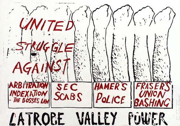 Artist: b'Wonderful Art Nuances Club.' | Title: bLa Trobe Valley power. (Poster supporting SEC maintenance workers' strike, La Trobe Valley, Victoria, 1977). | Date: (1977) | Technique: b'screenprint, printed in colour, from two stencils'