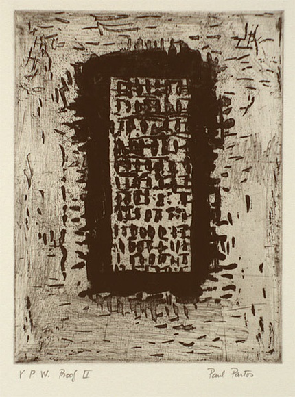 Artist: b'Partos, Paul.' | Title: b'not titled [rectangle with dark lines emerging from it]' | Date: 1986, March - April | Technique: b'sugarlift, aquatint and etching, printed in black ink, from one plate'