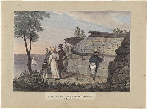 Artist: b'Earle, Augustus.' | Title: bMrs Macquarie's seat Government Domain, Sydney, N.S. Wales. | Date: 1830 | Technique: b'lithograph, printed in black ink, from one stone; hand-coloured'