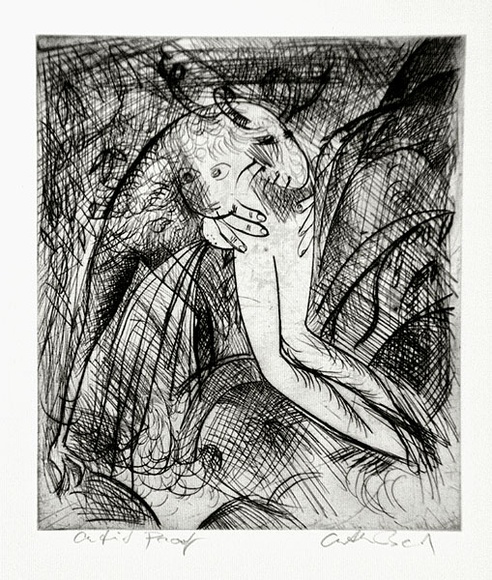 Artist: b'BOYD, Arthur' | Title: b'Nude with beast.' | Date: (1962-63) | Technique: b'etching and drypoint, printed in black ink, from one plate' | Copyright: b'Reproduced with permission of Bundanon Trust'