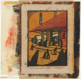 Artist: b'Syme, Eveline' | Title: b'Siena market' | Date: 1935 | Technique: b'linocut, printed in colour, from four blocks (vermillion, yellow ochre, cerulean blue, ivory black)'