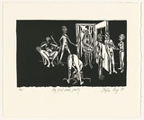 Title: My first nude party | Date: 1989 | Technique: linocut, printed in black ink, from one block