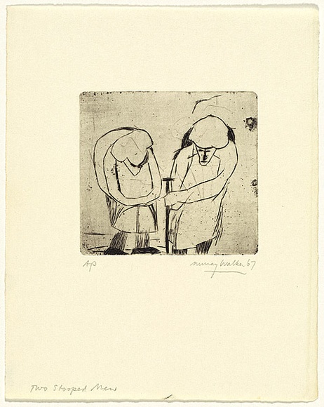 Artist: b'WALKER, Murray' | Title: b'Two stooped men' | Date: 1967 | Technique: b'etching, printed in black ink, from one plate'