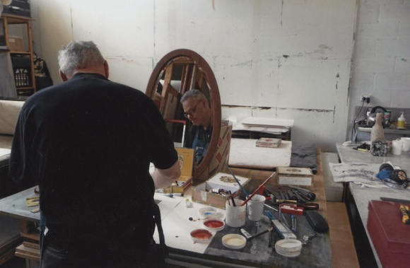 Artist: b'LOANE, John' | Title: b'Mike Parr working from  mirror at Viridian Press, ANCA studio, Canberra.'