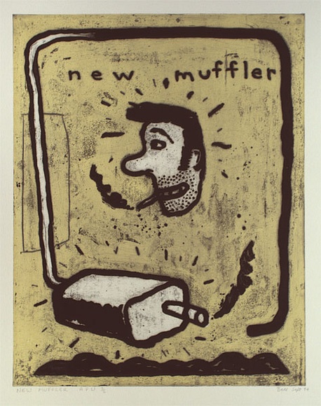 Artist: b'Bell, Michael.' | Title: b'New muffler' | Date: 1994 | Technique: b'etching, printed in black and brown ink, from two plates'