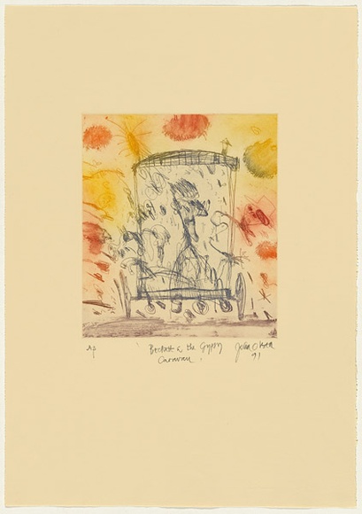 Artist: OLSEN, John | Title: Beckett and the gypsy caravan | Date: 1991 | Technique: etching, aquatint, printed in colour with plate-tone, from one plate | Copyright: © John Olsen. Licensed by VISCOPY, Australia