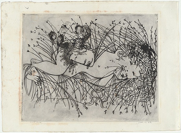 Artist: b'BOYD, Arthur' | Title: bFigure and ram's head in a cornfield. | Date: (1968-69) | Technique: b'etching, printed in black ink, from one plate' | Copyright: b'Reproduced with permission of Bundanon Trust'