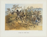 Title: b'Attack on store dray' | Date: 1865 | Technique: b'lithograph, printed in colour, from multiple stones'