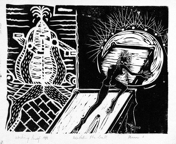 Artist: b'COLEING, Tony' | Title: b'Watch the ball.' | Date: 1986 | Technique: b'linocut, printed in black ink, from one block'