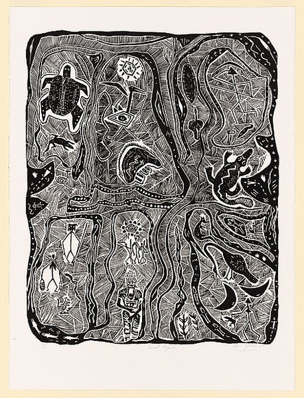 Artist: b'Gilbert, Kevin.' | Title: b'Lineal legends' | Date: 1965 | Technique: b'linocut, printed in black ink, from one block'