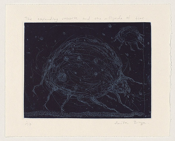 Title: b'The expanding universe and the millipede of time.' | Date: 1999 | Technique: b'etching, relief printed in blue ink, from one plate'