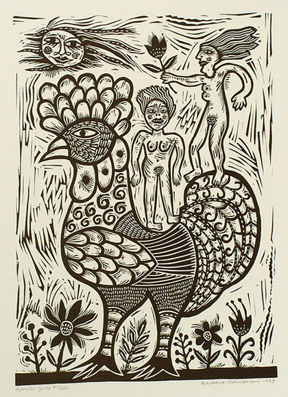 Artist: b'HANRAHAN, Barbara' | Title: b'Rooster girls.' | Date: 1989 | Technique: b'linocut, printed in black ink, from one block'