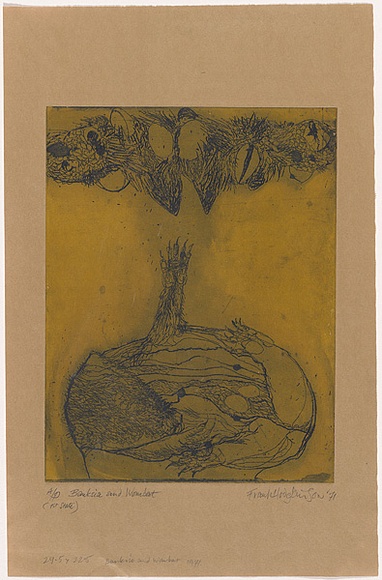 Artist: b'Hodgkinson, Frank.' | Title: b'Banksia and wombat' | Date: 1971 | Technique: b'hardground-etching and aquatint, printed in black and yellow ink, from one plate'