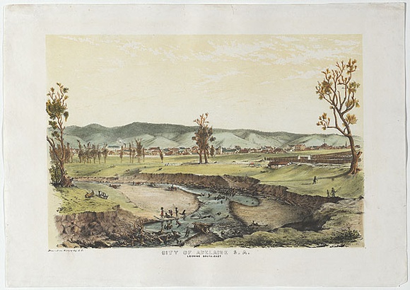 Artist: b'Calvert, Samuel.' | Title: b'City of Adelaide S.A. looking south-east.' | Date: 1850 | Technique: b'chalk lithograph, printed in colour inks, from two stones (image in black ink, tint-stone in tan ink); hand-coloured at a later date.'