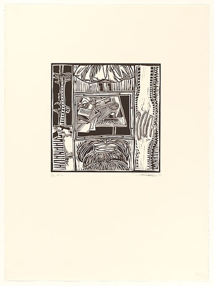 Artist: b'Burchill, Tracey.' | Title: bnot titled (top of girl's head, two hands and a pile of books) | Date: 1989, August | Technique: b'linocut, printed in black ink, from one block'