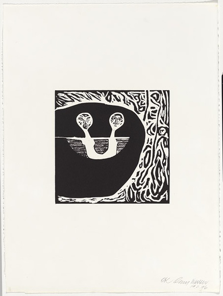 Artist: b'Warren, Guy.' | Title: b'not titled [two figures in boat]' | Date: 22 April 1996 | Technique: b'linocut, printed in black ink, from one block'