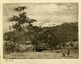 Artist: b'Farmer, John.' | Title: b'The little bridge, Bruny Island, Tasmania.' | Date: c.1955 | Technique: b'aquatint and etching, printed in brown ink with plate-tone, from one  plate'