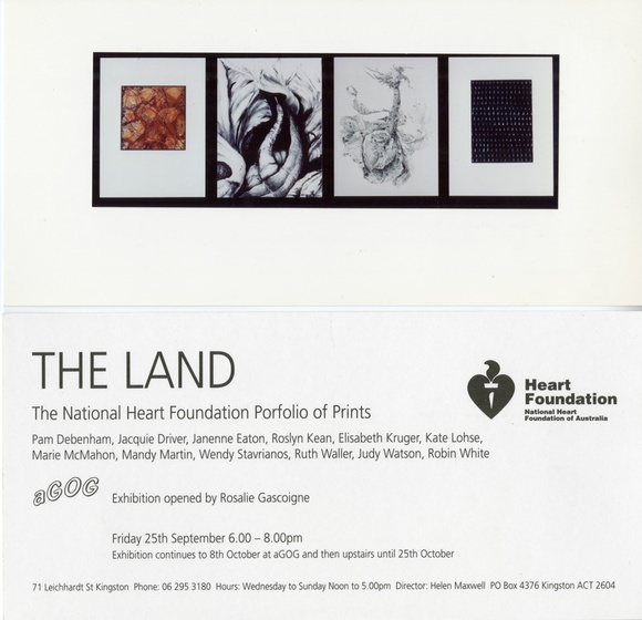 Title: b'Invitation | The land: The National Heart Foundation portfolio of prints. Kingston, Canberra, ACT: aGOG [Australian Girls Own Gallery], 25 September - 8 October 1992.'