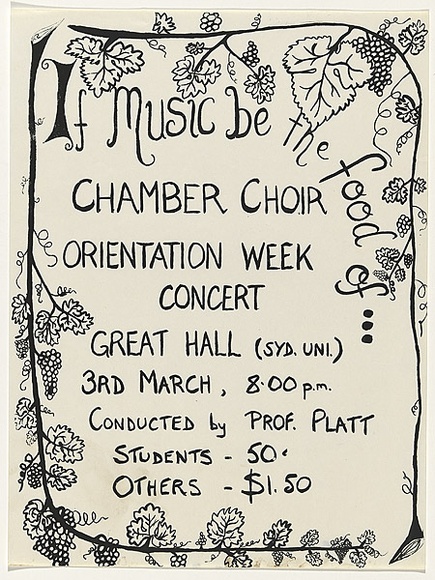 Artist: b'UNKNOWN' | Title: b'If music be the food of...Chamber Choir, Orientation Week Concert.' | Date: 1979 | Technique: b'screenprint, printed in black ink, from one stencil'
