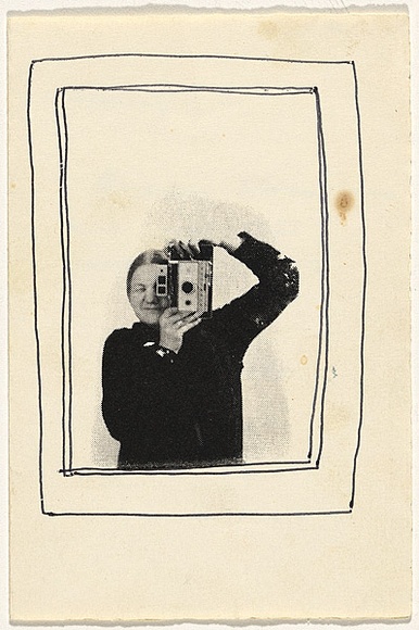 Title: b'Christmas card 1972 [self portrait photograph]' | Date: 1971 | Technique: b'screenprint, printed in black ink, from one photo-screen; additional drawing in black felt-tipped pen;  hand-written inscription'