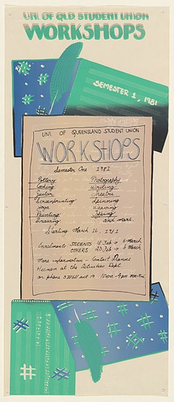 Artist: DOHERTY, Brian | Title: Uni. of Qld. Student Union Workshops, Semester 1, 1981. | Date: 1981 | Technique: screenprint, printed in blue/green ink, from multiple stencils | Copyright: © Brian Doherty. Licensed by VISCOPY, Australia