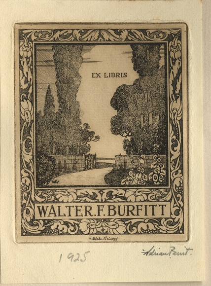 Artist: b'FEINT, Adrian' | Title: b'Bookplate: Walter F Burfitt.' | Date: 1925 | Technique: b'etching, printed in brown ink with plate-tone, from one plate' | Copyright: b'Courtesy the Estate of Adrian Feint'